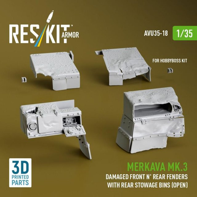 HobbyBoss Merkava Mk.3, Damaged Front and Rear fenders with Rear stowage bins (open), 3D Printed - Bild 1