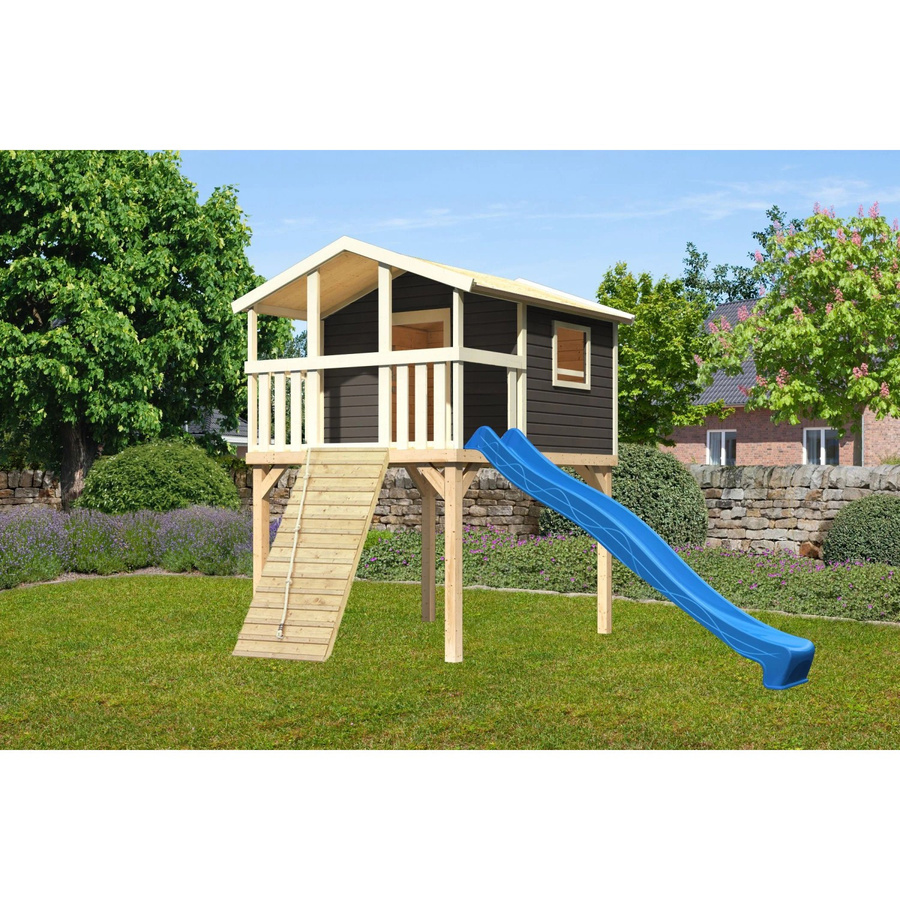 Karibu Stelzenhaus Benjamin Spielturm Set in Terragrau mit Holzrampe und Rutsche, B/H/T: 198 x 309 x 244 cm - Bild 2