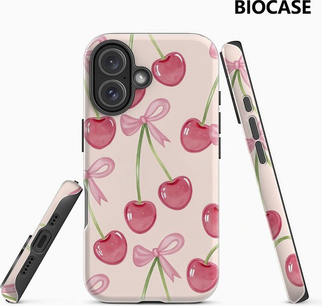 Pink Cherries Handyhülle für Apple iPhone 17 16 15 14 13 12 11 Pro Max Plus mit doppelschichtiger Rückseite in Pink - Bild 1