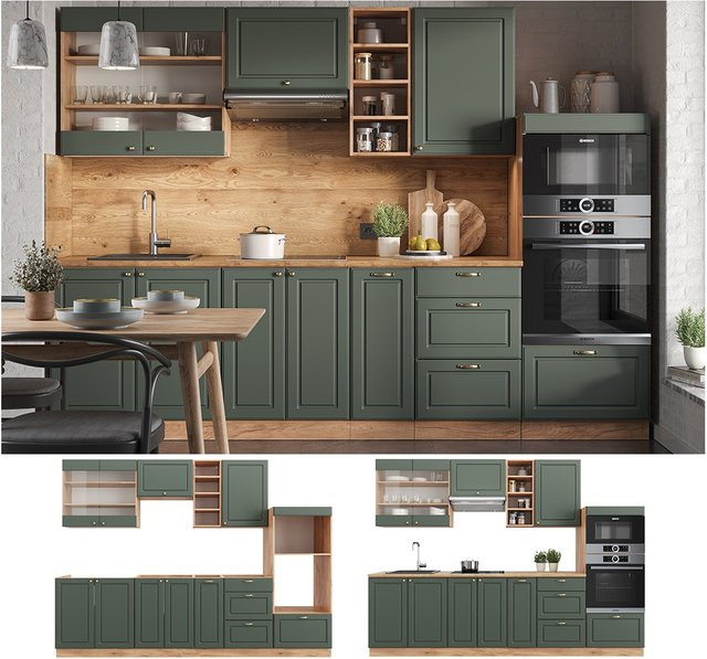 Vicco Küchenzeile Fame-Line Landhausstil Eiche Grün Gold 280 cm - Bild 1