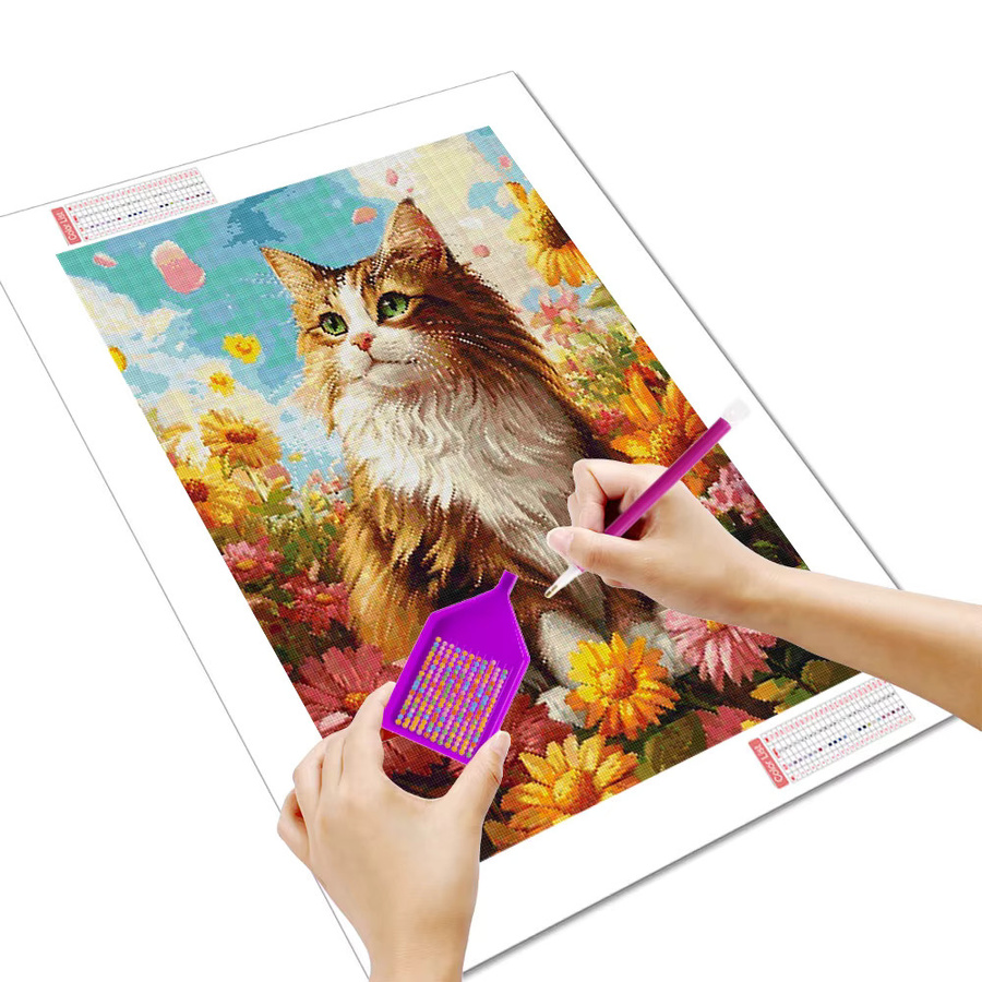 Huacan Diamantgemälde Katze mit Sonnenblumen als dekoratives Diamantmosaik in Mehrfarben - Bild 2