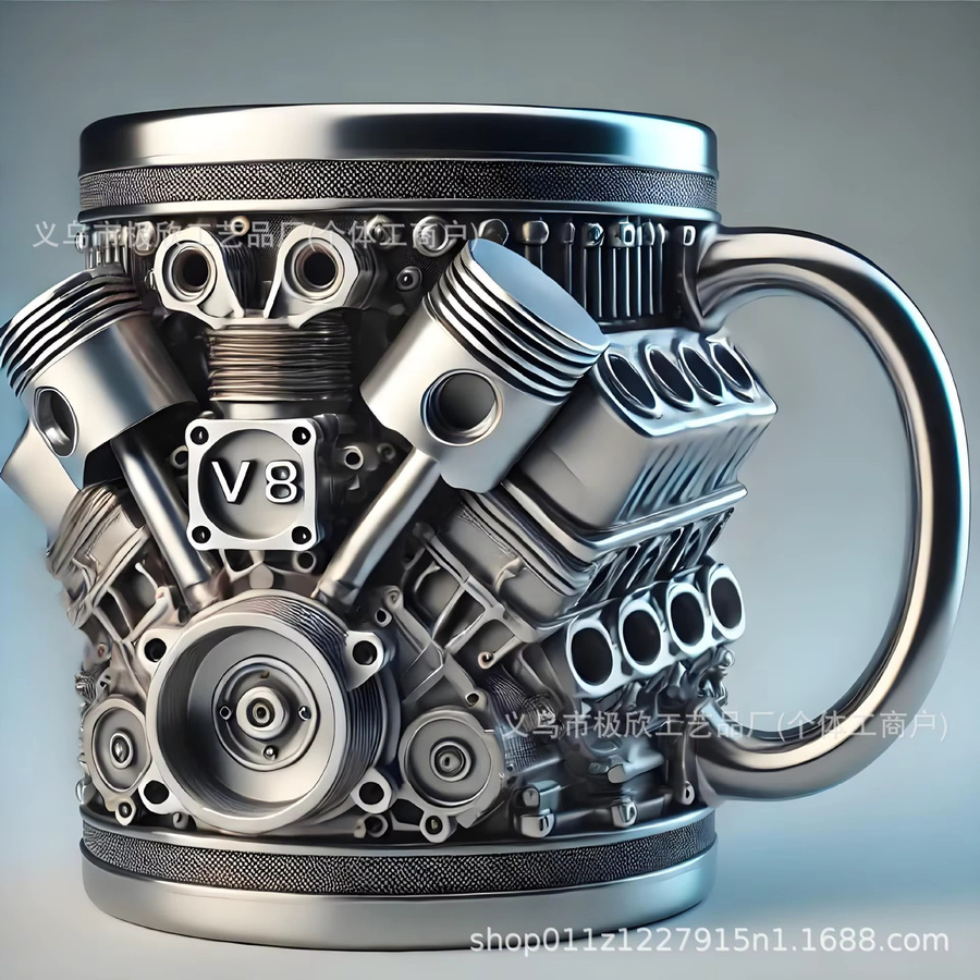 Potdemiel V8-Motor Kaffeetasse V6 3D-Metallbecher aus Kunstharz in Silber - Bild 2