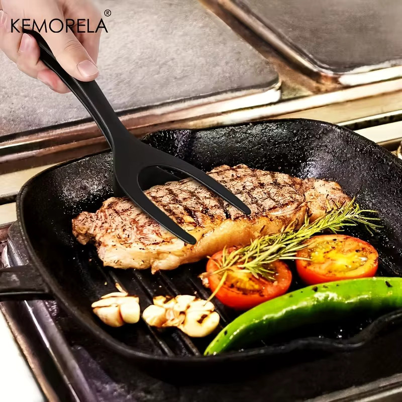 KEMORELA 2-in-1 Griff-Flip-Spatel-Zange aus Nylon in Schwarz, Antihaftbeschichtung für Pfannkuchen, Fisch und Omelett - Bild 2