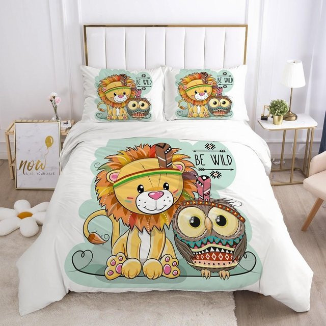 Paslu Bettwäsche-Set mit Eulen- und Löwenmuster für Kinder und Teenager, 3-teilig, Multicolor, B/H: 135 x 200 cm - Bild 1