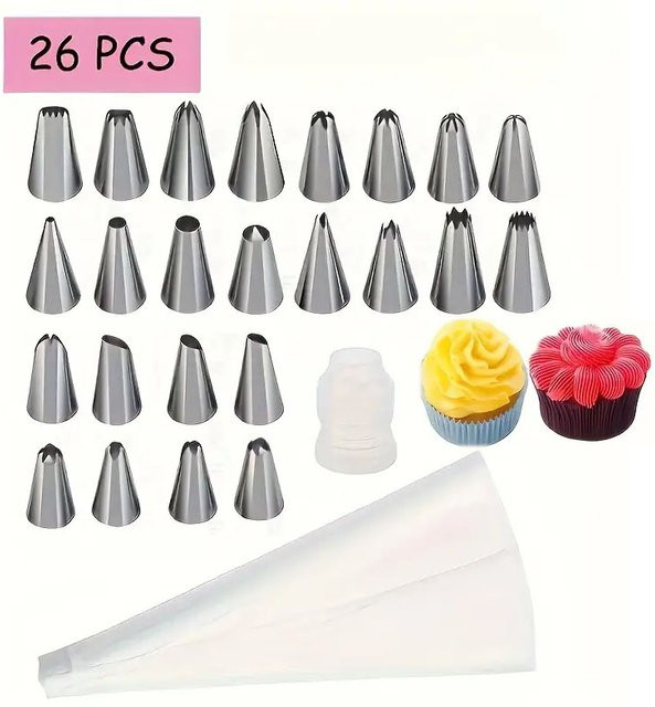 XMSJ 26-teiliges Kuchendekorations-Set mit 24 Spritztüllen aus Edelstahl, PE-Spritzbeutel und Konverter in Silber für DIY Buttercreme- und Fondant-Dekorationen - Bild 1