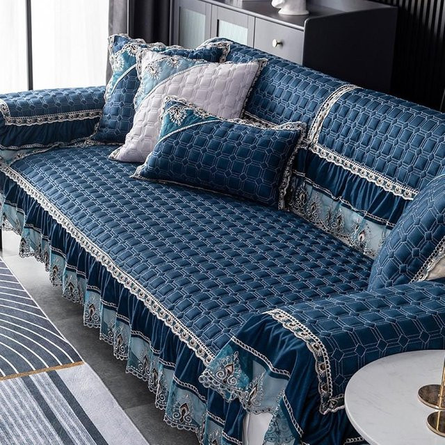 Super Six Jacquard-Sofabezug mit Spitze und rutschfester Rückseite in Blau, B/H: 40 x 70 cm - Bild 1