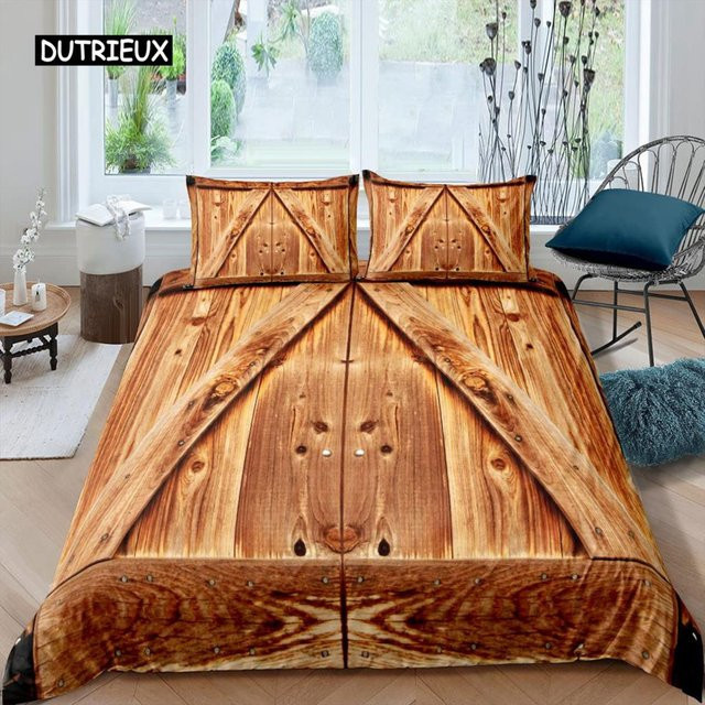 Bettwäscheset Binchi Outdoor Product mit Holz Scheunentor Motiv im Landhausstil, Farbe Braun, Material Polyester und Mikrofaser, B/H: 135 x 200 cm - Bild 1