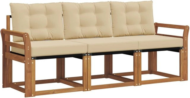vidaXL Outdoor-Sofagarnitur 3-teilig aus Akazienholz und Textilene in Natur und Beige mit Kissen - Bild 1