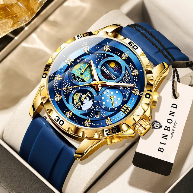 BINBOND Chronograph, Quarz, Blau, Gold, Silikon, Herren - Bild 1