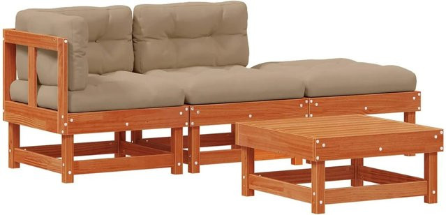vidaXL Garten-Lounge-Set aus massivem Kiefernholz in L-Form, 4-teilig, Braun mit Polstern - Bild 1