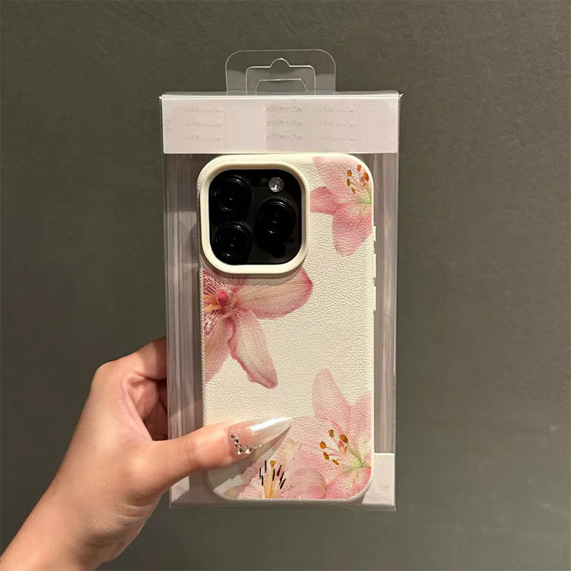 Apple Handyhülle mit Blumenmuster und Litschi-Struktur in Pink und Beige für iPhone 17 16 Pro Max 15 14 Plus 13 12 11 stoßdämpfend und rutschfest - Bild 2