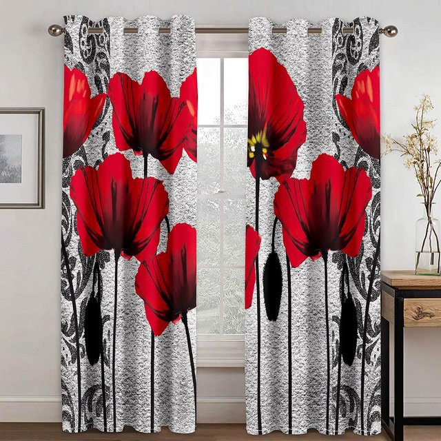 2er-Set halbtransparente Polyester-Vorhänge in Rot mit Ösen und Haken für deine Fensterdekoration, B: 25 cm, H: 60 cm - Bild 1