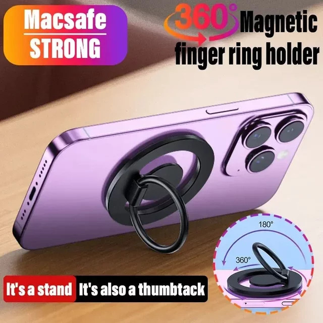 Magnetischer 360 Grad Handy-Ringhalter und mobiler Ständer für MagSafe kompatible iPhones, Samsung und Xiaomi in Schwarz - Bild 1