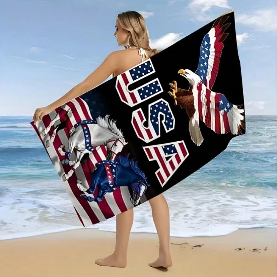 Strandtuch mit Patriotischem Adler und Pferd Design, USA Unabhängigkeit Motiv, Polyester, schnelltrocknend und saugfähig, Farbe: Weiß/Mehrfarbig, Breite: 40 cm, Höhe: 60 cm - Bild 4