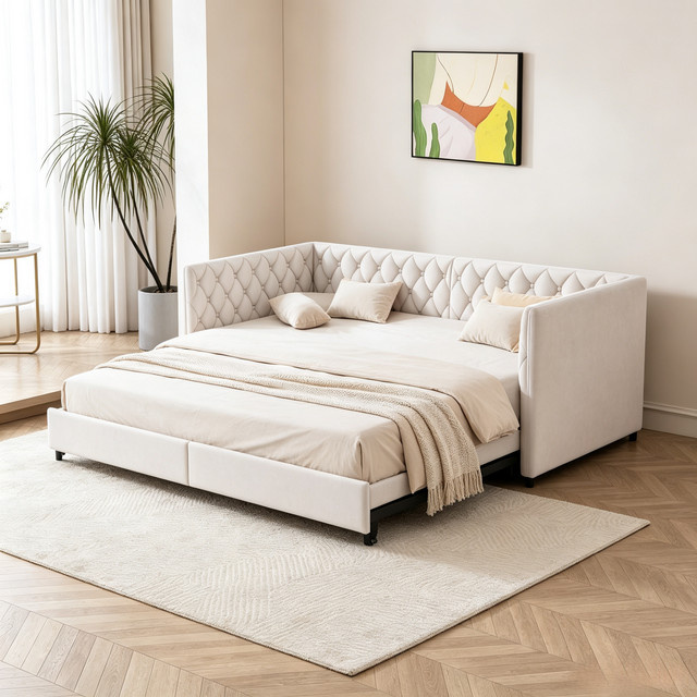 Simurq Schlafsofa aus Samt in Beige, ausziehbares Multifunktionsbett mit Lattenrost, B/T/H: 90 x 200 cm - Bild 1