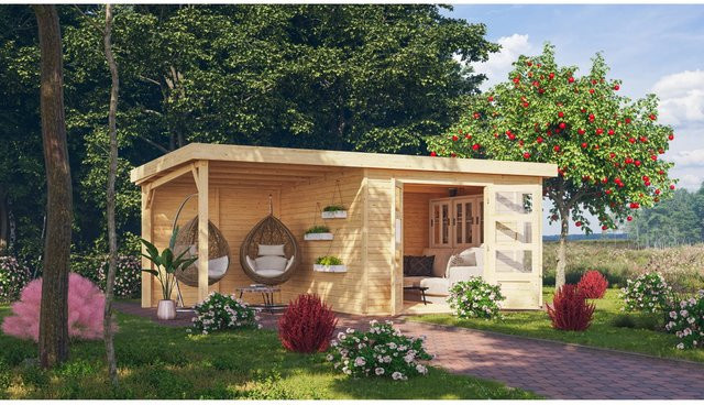 Karibu Gartenhaus Sölve 6 Naturbelassen mit Anbaudach und Rückwand in Braun, B: 302 cm, T: 306 cm, H: 216 cm - Bild 1