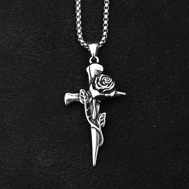 owlucky Anhänger Halskette, Kreuz Rose, Edelstahl, Silber, Unisex - Bild 1