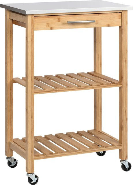HOMCOM Küchenwagen aus Bambus mit Edelstahlplatte, Schublade und Lattenregalen, platzsparender Servierwagen mit Rollen für Küche und Wohnzimmer, Natur/Beige - Bild 1