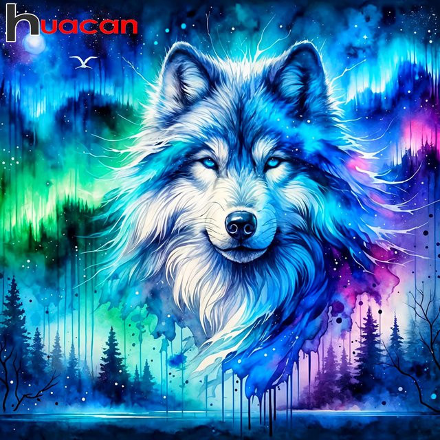 Huacan Diamantmalerei Sternenhimmel Wolf als Diamant-Mosaik Tier-Landschaft Set in Multicolour, B/H: 20 x 20 cm - Bild 1