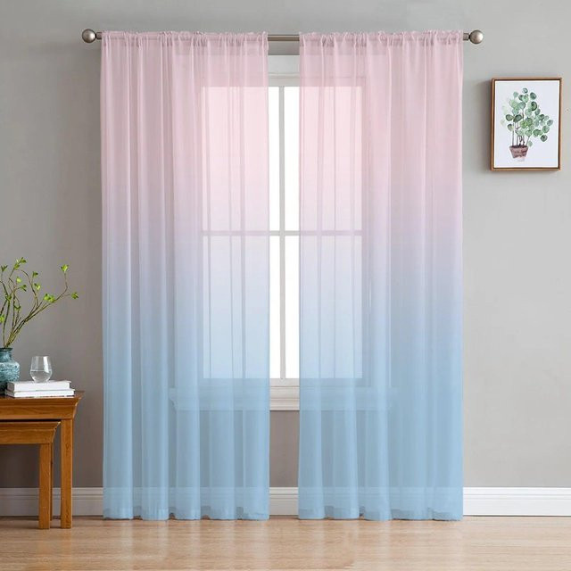 Transparente Tüll-Vorhänge von Your Warm Home in Blau-Rosa Farbverlauf, bedruckt, B: 135 cm, H: 244 cm - Bild 1