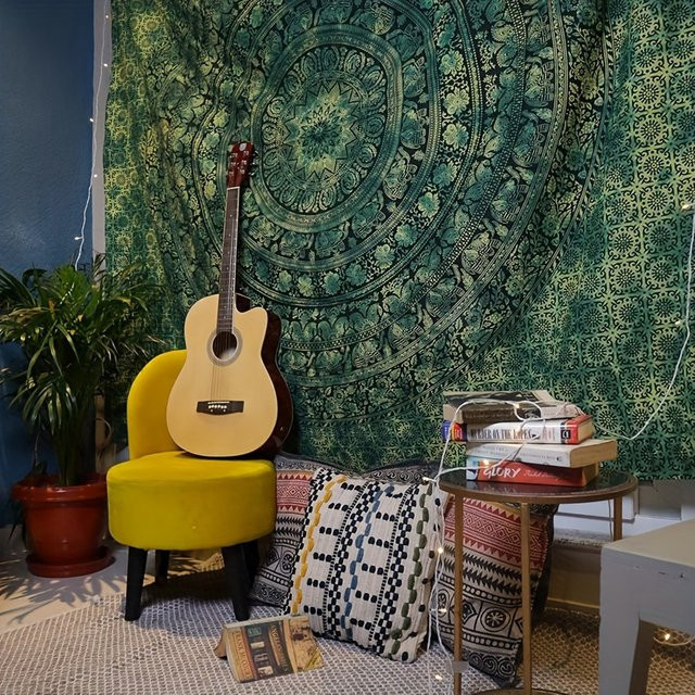 VIKAMA Wandteppich in Grün mit Boho-Mandala-Design im Retro-Stil, Rechteckig, Breite: 75 cm, Höhe: 58 cm - Bild 1