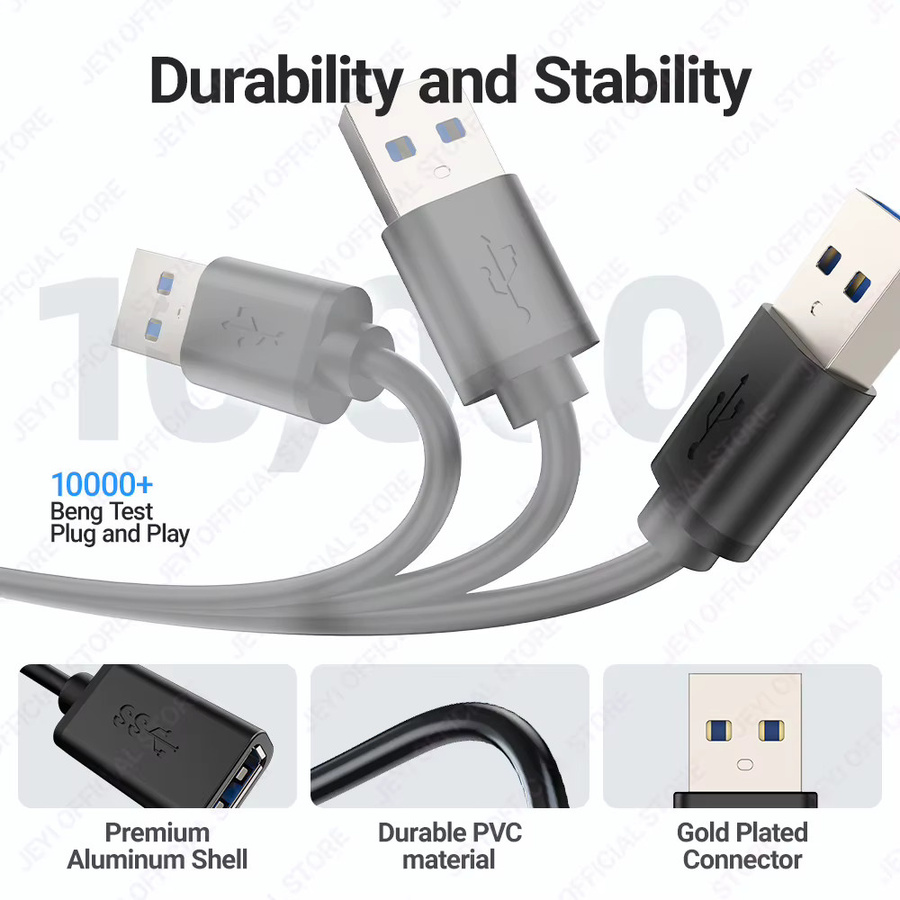 JEYI USB 3.0 GEN1 Verlängerungskabel in Schwarz für schnelle Datenübertragung mit Stecker zu Buchse für Tastatur, Maus und Flash-Laufwerke - Bild 3