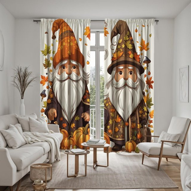 2er-Set Dekovorhang mit Erntedankfest-Motiv Kürbis und Ahornblatt, Digitaldruck, Weiß/Mehrfarbig, B: 132 cm, H: 160 cm - Bild 1