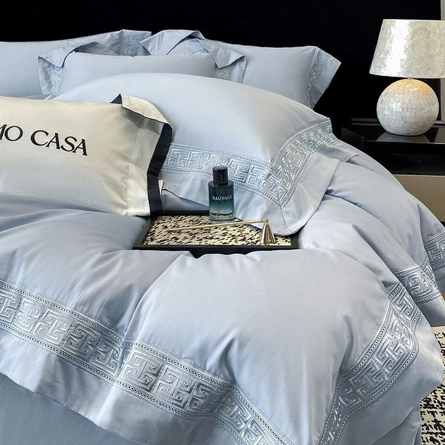 Bin Chi Textiles Bettwäsche Set aus 100% ägyptischer Baumwolle mit Stickerei, 4-teilig, Blau, B/H: 220 x 240 cm - Bild 1