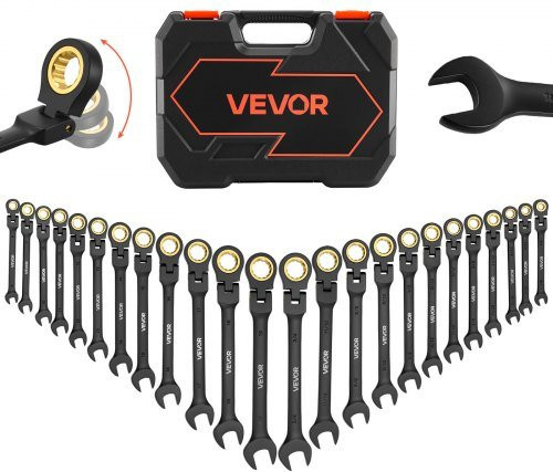 VEVOR Flex-Head Ratschenschlüssel-Set 24-teilig in Schwarz, SAE und Metrisch, 72 Zähne, Kombinationsschlüssel aus Chrom-Vanadium-Stahl mit Aufbewahrungsbox für Haushalt und Kfz-Reparaturen - Bild 1