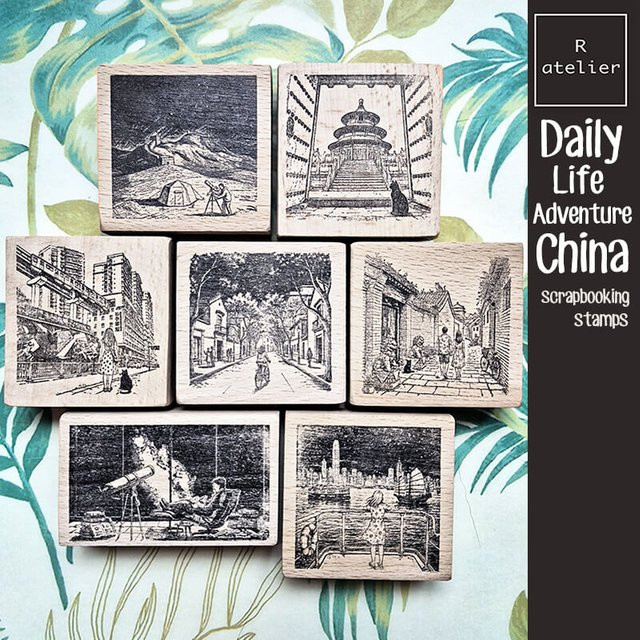 Holzstempel Set für Scrapbooking und Reisetagebuch mit China Reise Motiven wie Shanghai Peking und Chongqing in Braun - Bild 1