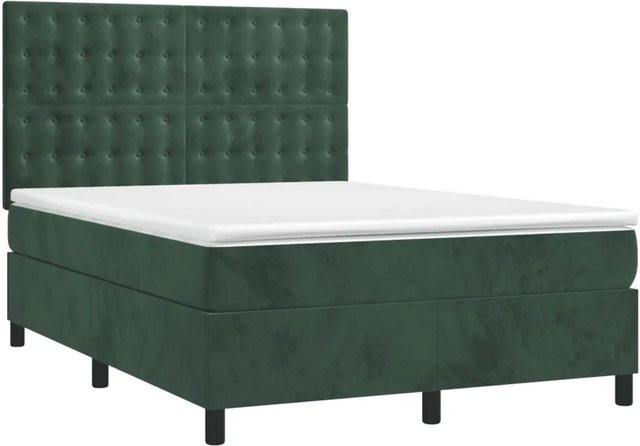 vidaXL Boxspringbett mit Matratze in Dunkelgrün aus Samt mit LED-Unterbettbeleuchtung und USB-Anschluss, B/T/H: 140 x 190 x 144 cm - Bild 1