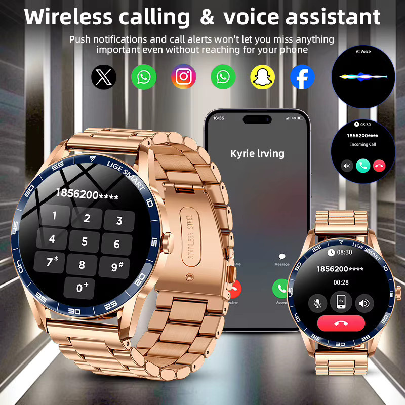 LIGE Smartwatch, Edelstahl, Schwarz, Gold, Unisex, Wasserdicht - Bild 3