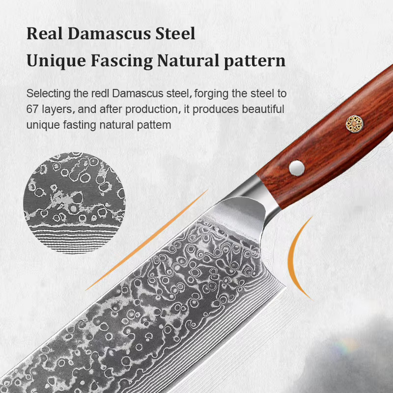 Baovim Professionelles Nakiri-Küchenmesser aus Damaszener Stahl mit Rosenholzgriff in Silber - Bild 4