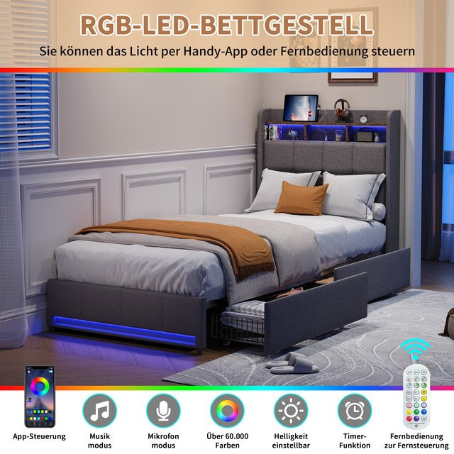Rosahqnda Kinderbett mit LED-Beleuchtung, USB-Ladegeräten und Stauraum in Beige, Schwarz und Grau, B/T: 90 x 200 cm - Bild 1