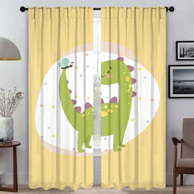 Dinosaurier Fenstervorhang aus Tüll in Gelb, 2 Paneele für Schlafzimmer und Wohnzimmer, Breite: 50 cm, Höhe: 70 cm - Bild 1