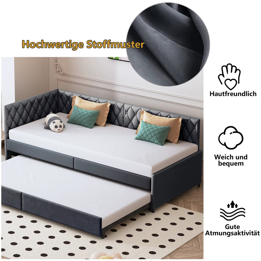 Comanlai Wohnzimmer-Schlafsofa mit Ausziehfunktion und Lattenrost aus Samt, B/T/H: 90 x 200 cm - Bild 2