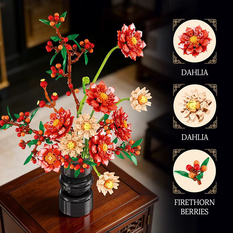 FINGERROCK Blumen Bausteine Dahlie und Chrysantheme als dekorative Topfpflanze in Morandi-Farben aus Kunststoff - Bild 2