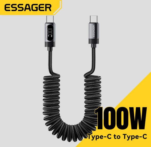 Essager 100 W USB-C Auto-Feder-Ladekabel für iPhone, Samsung und MacBook in Schwarz oder Grau - Bild 1