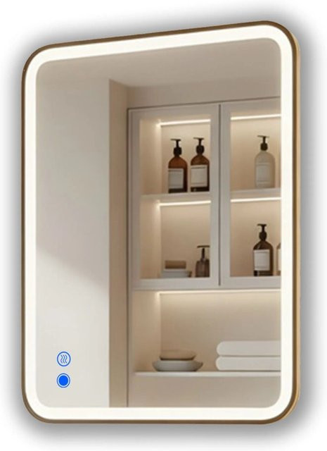 ARTFORMA LED Badspiegel Rechteckig mit Abgerundeten Ecken in Gebürstetem Gold, B: 80 cm, H: 60 cm, mit Touch-Funktion und IP44 Schutz - Bild 1