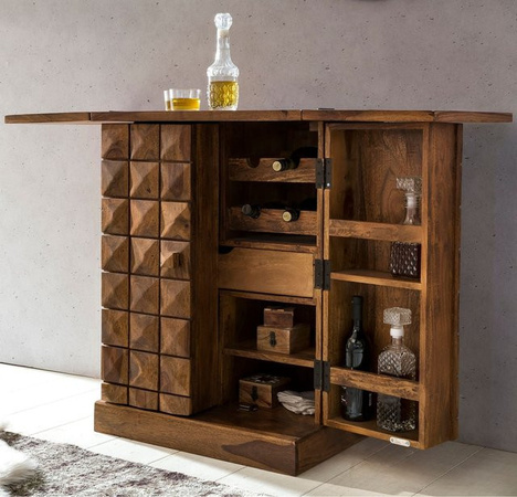 KADIMA DESIGN Hausbar aus Massivholz mit Klappfunktion und Stauraum für Flaschen und Gläser, Braun, B/T/H: 64 x 50 x 91 cm