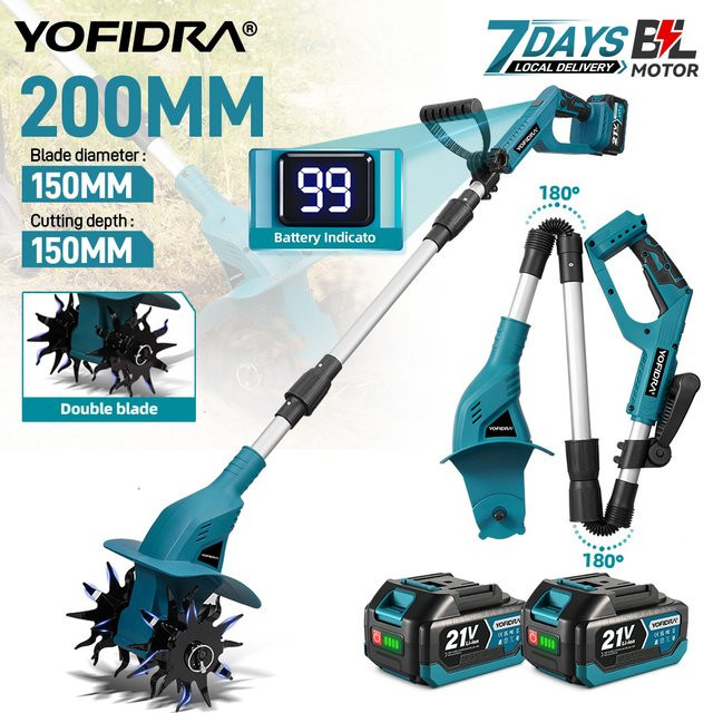 YOFIDRA Elektrische Gartenfräse und Rasenmäher Kultivator mit 4 Klingen und 180 Grad Verstellbarkeit, Blau, kompatibel mit Makita 21V Akku - Bild 1