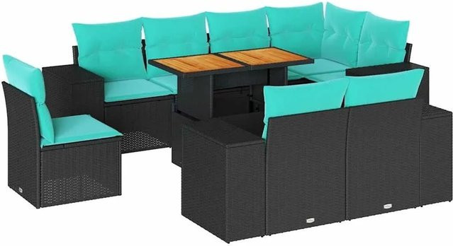 vidaXL 9-teilige Garten-Sofagarnitur in L-Form aus Poly-Rattan und pulverbeschichtetem Stahl mit blauen Kissen in Schwarz - Bild 1
