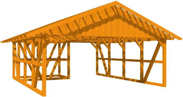 Skan Holz Carport Schwarzwald aus Fichtenholz mit Satteldach, Dachlattung und Abstellraum in Eiche, B: 684 cm x T: 772 cm - Bild 1