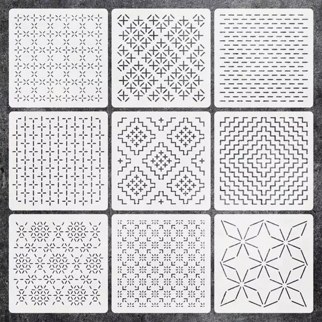 Sashiko Stickschablonen Set von hengqiWZ mit 9 geometrischen PET Schablonen in Transparent und Weiß für Handarbeit und Stickerei - Bild 1