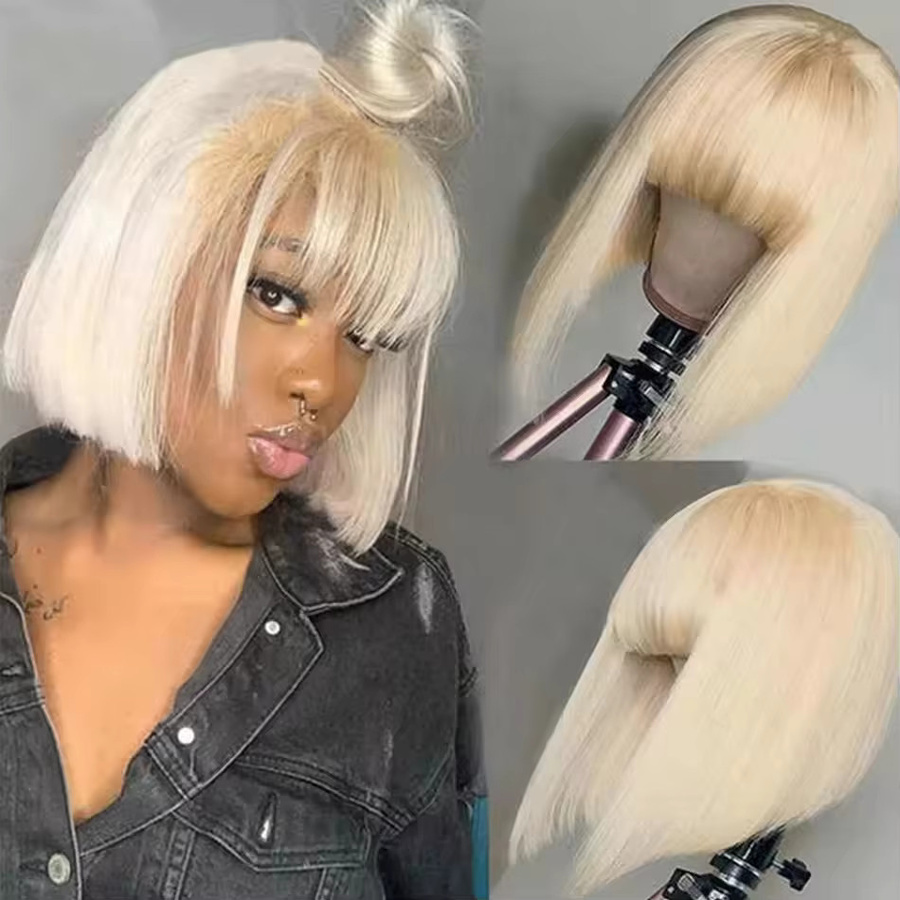 OYM HAIR Bob-Perücke, blonde Echthaar-Perücke, kurz, mit Pony - Bild 3