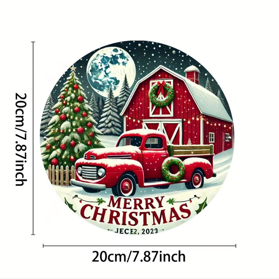 Rustikales Metallschild Potdemiel Frohe Weihnachten mit rotem LKW, rund, Durchmesser: 19,8 cm - Bild 2