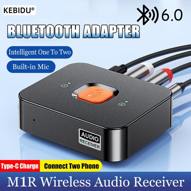 Kebidu Bluetooth 6.0 Empfänger mit 3,5-mm-AUX und RCA Anschlüssen, Wireless Stereo Musik-Adapter mit Mikrofon, Schwarz - Bild 1