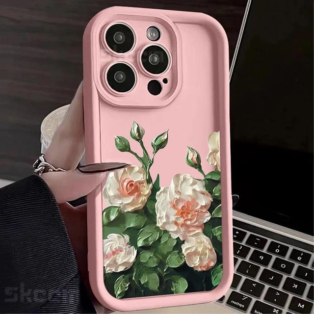 Yiran bag Silikon Handyhülle mit Ölgemälde Motiv Weiße Rose in Weiß und Pink für iPhone 15 14 13 12 11 Pro Max XS X XR 7 8 Plus Stoßfeste Weiche Hülle - Bild 1