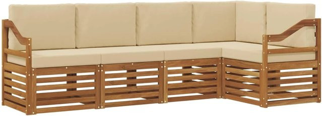 vidaXL Sofagarnitur 5-teilig aus Massivholz Akazie in Natur und Beige mit L-Form und Polsterkissen - Bild 1