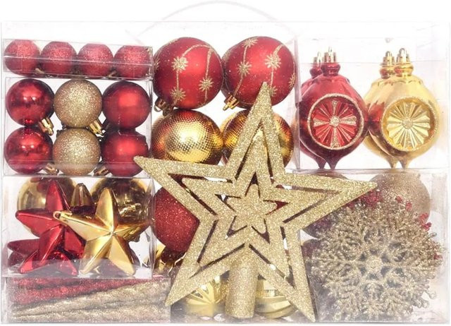 vidaXL 108-tlg. Weihnachtskugel-Set in Gold und Rot mit Schneeflocken, Eiszapfen und Sternen aus Kunststoff - Bild 1